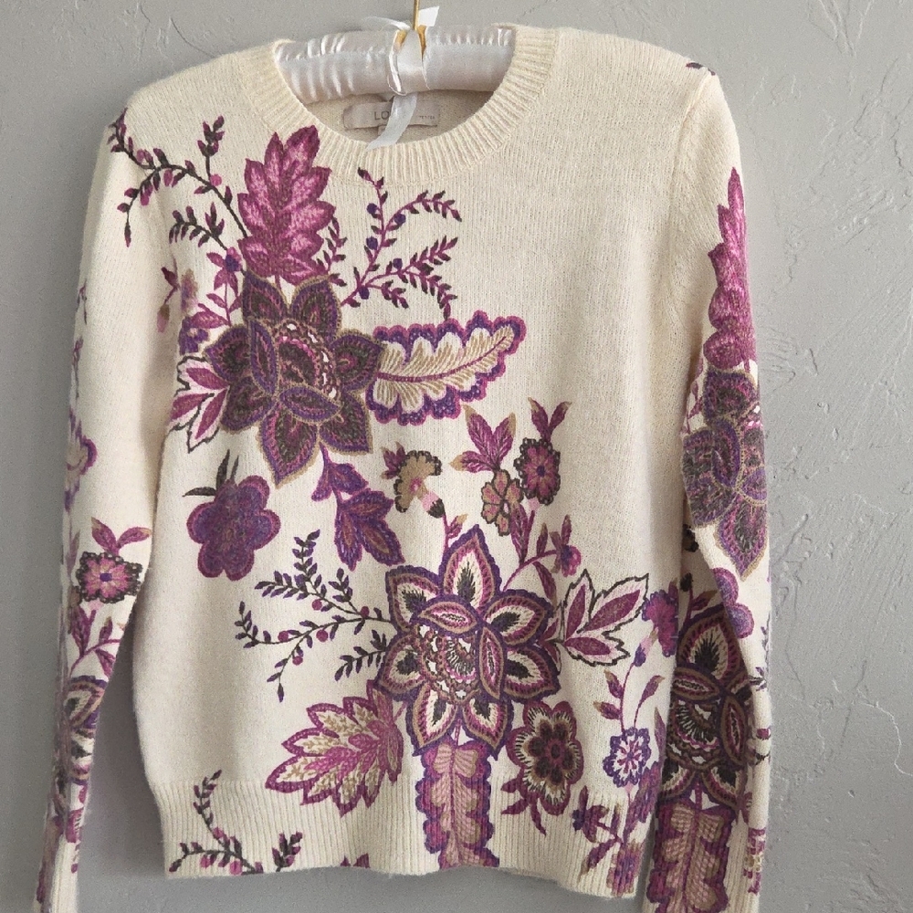 LOFT Floral Patterned Sweater - Cream and Purple S.P